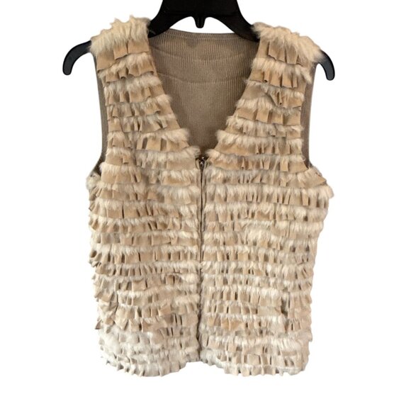 Dana Stein Women’s Beige Faux Fur Fringe Knit Sweater Vest Sleeveless Zip Up Lay - Picture 1 of 7